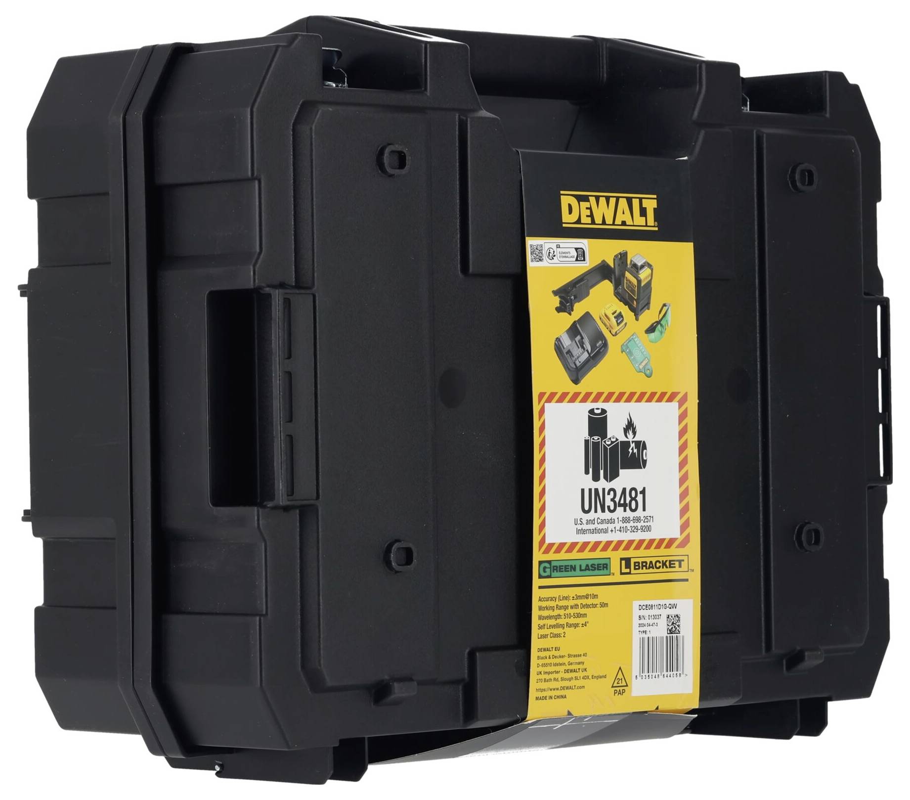 Black DeWalt tool case, rectangular in shape, with a yellow label on the front.