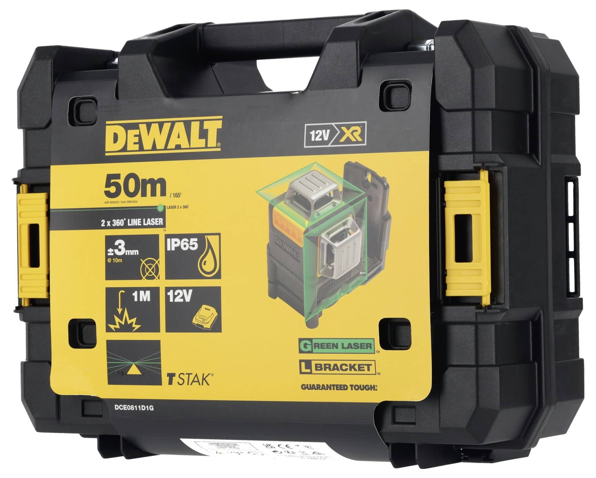 'DEWALT 50m Laser Distance Measure in robust black case with yellow label. Contains details of range and technical specifications.'