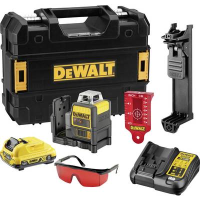 A DeWalt laser levelling tool set in a black case, including charger, battery, mount, laser target board and safety glasses.