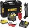 A DeWalt laser levelling tool set in a black case, including charger, battery, mount, laser target board and safety glasses.