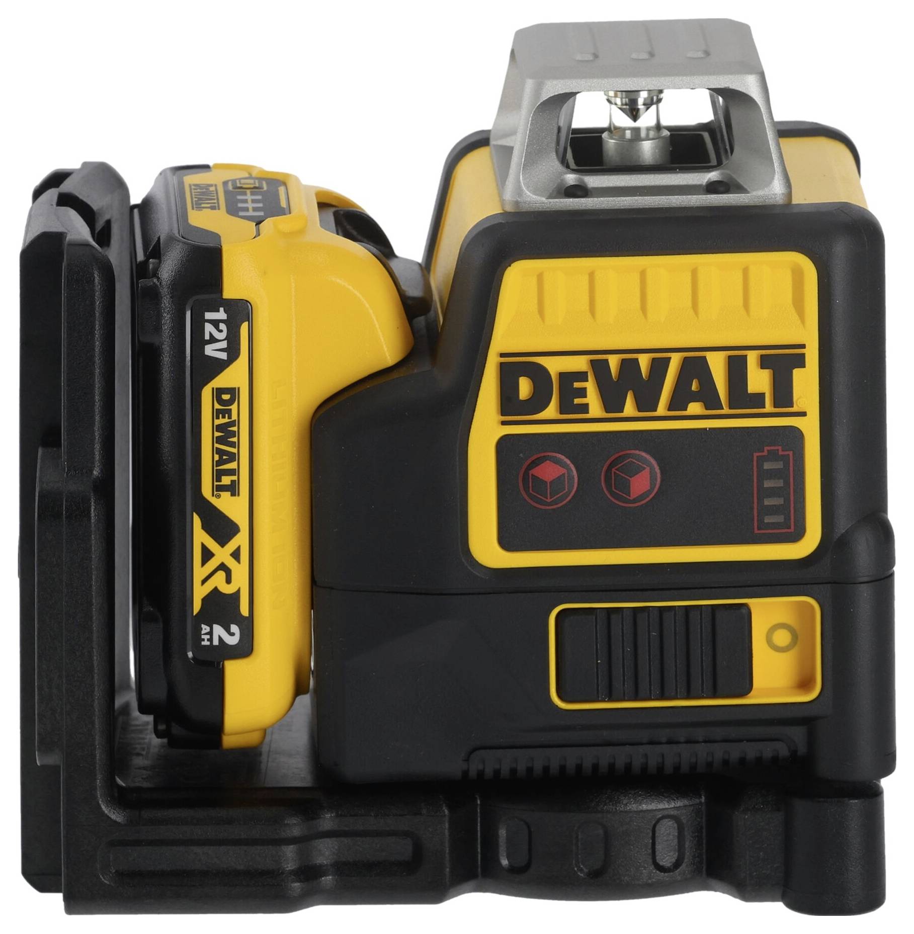 A yellow and black DeWalt XR 12V laser with a robust housing, suitable for precise construction and measurement work.