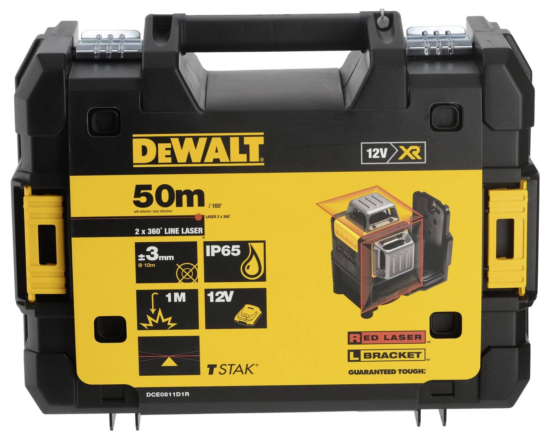 'DeWalt' tool case with laser distance measurer, range 50m, protection class IP65, '12V XR' series. Includes device and accessories.