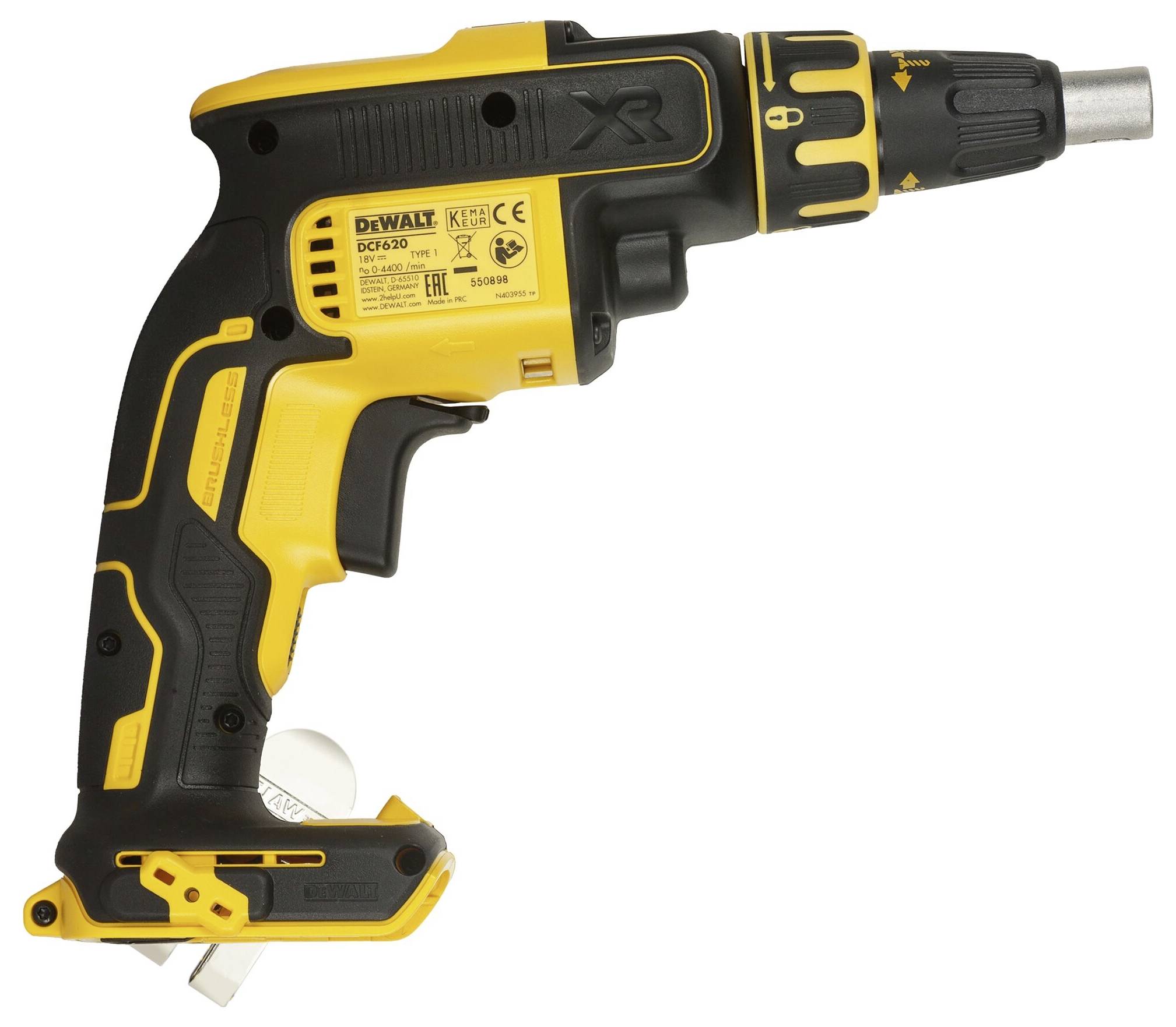 Cordless drill in black and yellow, with a rubberised surface for better grip and adjustable settings at the tip.