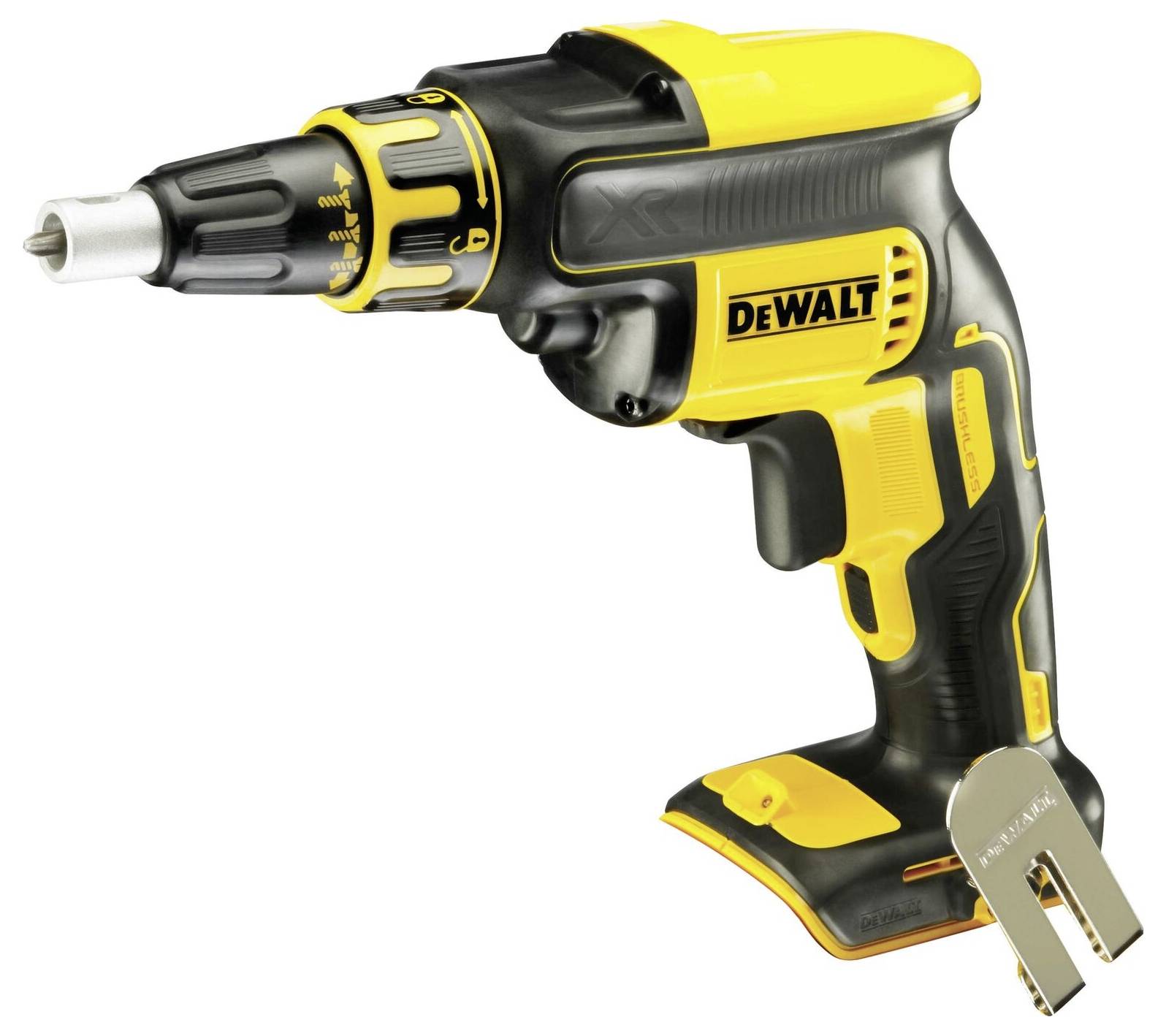 Yellow and black cordless screwdriver with an ergonomic handle. 'DeWalt' marking on the side. Suitable for construction and repair work.