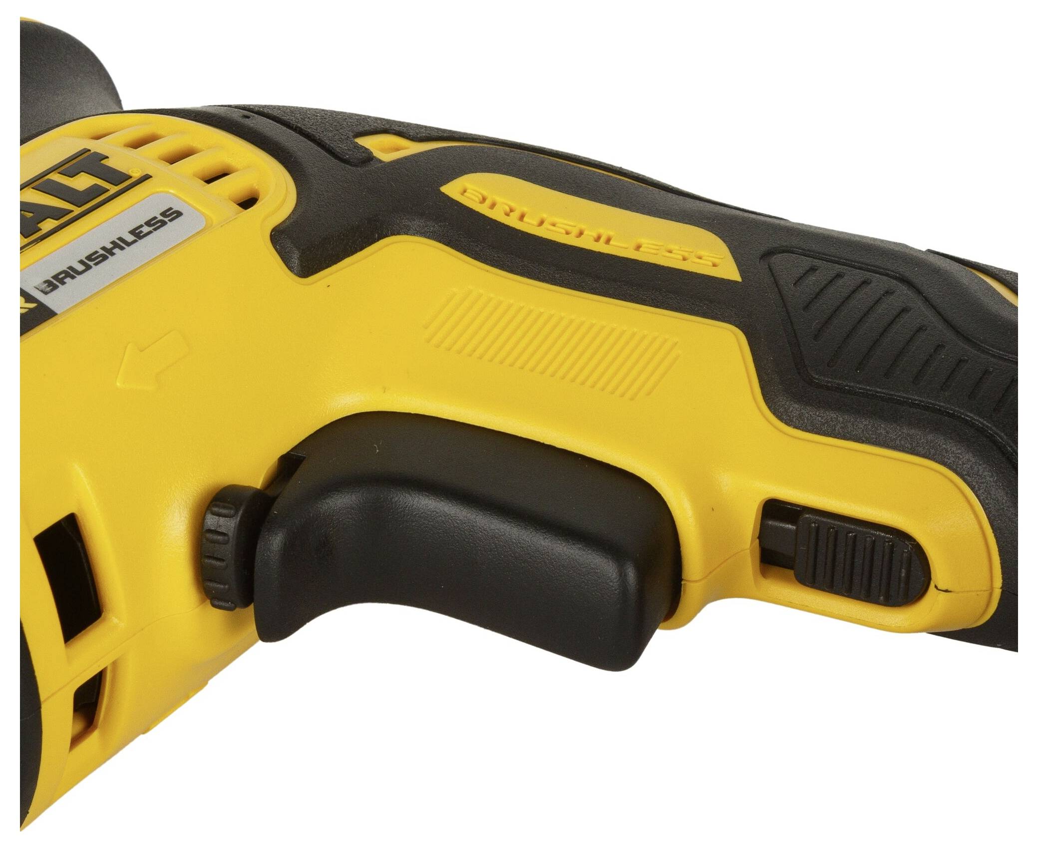 Yellow electric drill driver with a black handle and a switch on the side.