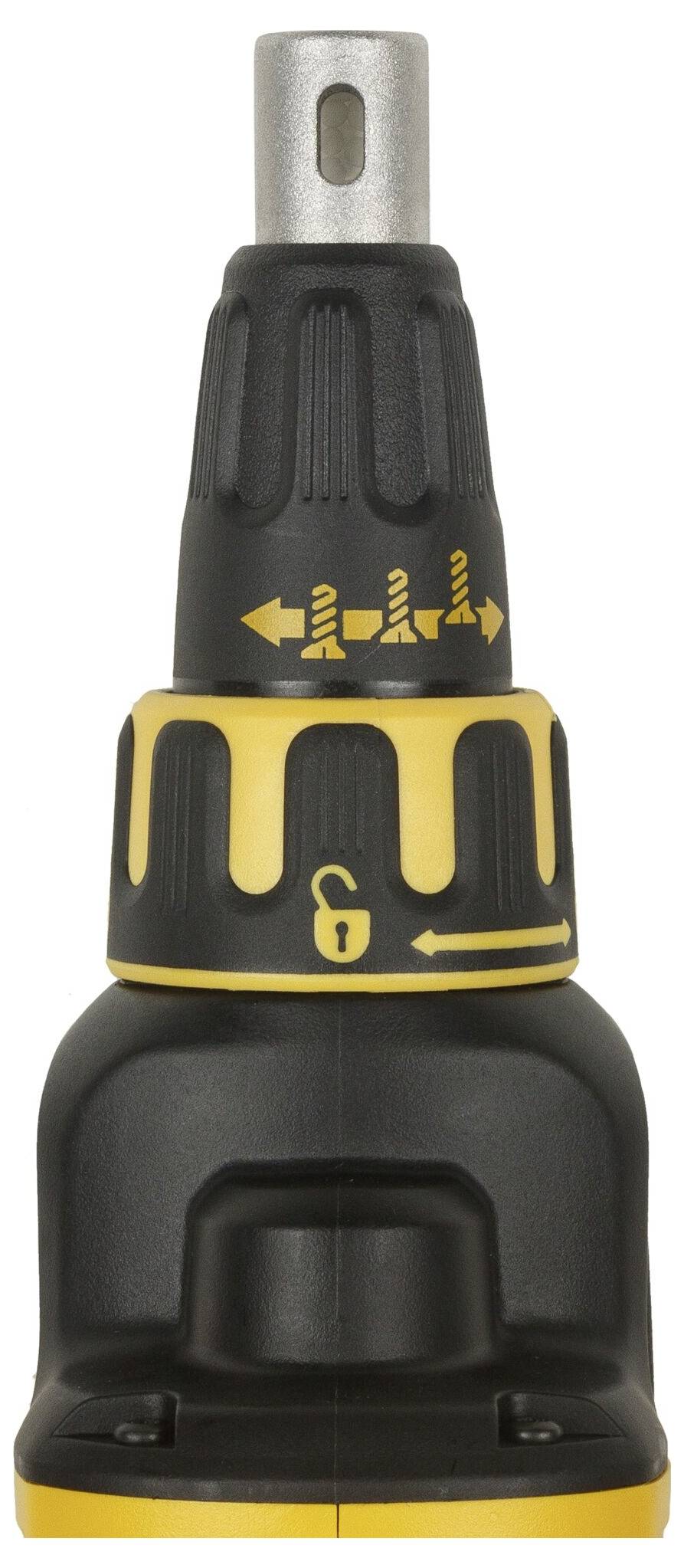 A black screwdriver bit with yellow symbols for torque control and a locking indication, against a white background.