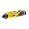 A cordless, yellow electric screwdriver by DEWALT with an ergonomic handle and speed control, shown lying down.
