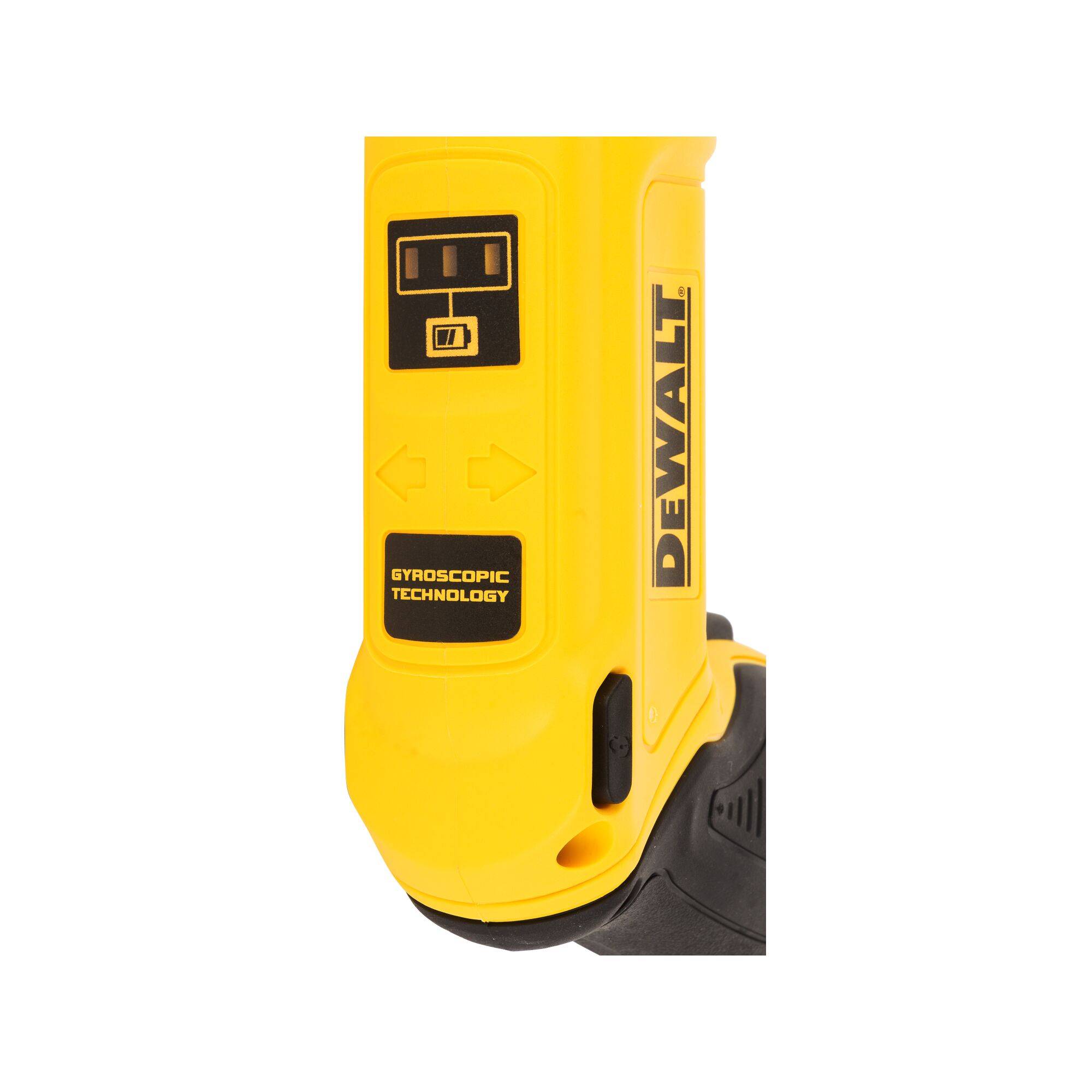 Yellow handle with black 'DEWALT' logo and control elements. Labelled: 'GYROSCOPIC TECHNOLOGY'.