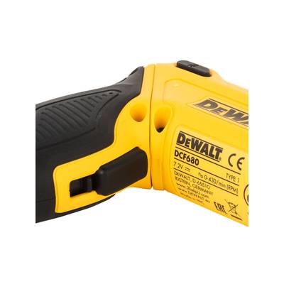 Yellow and black cordless screwdriver with 'DEWALT DC680' inscription, showing close-up of the grip and speed range 0-430 rpm.