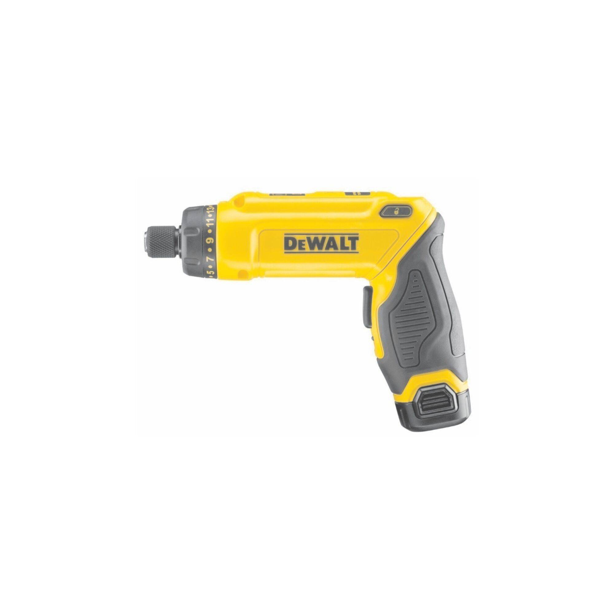 Yellow and black DeWALT cordless drill, shown from the side.
