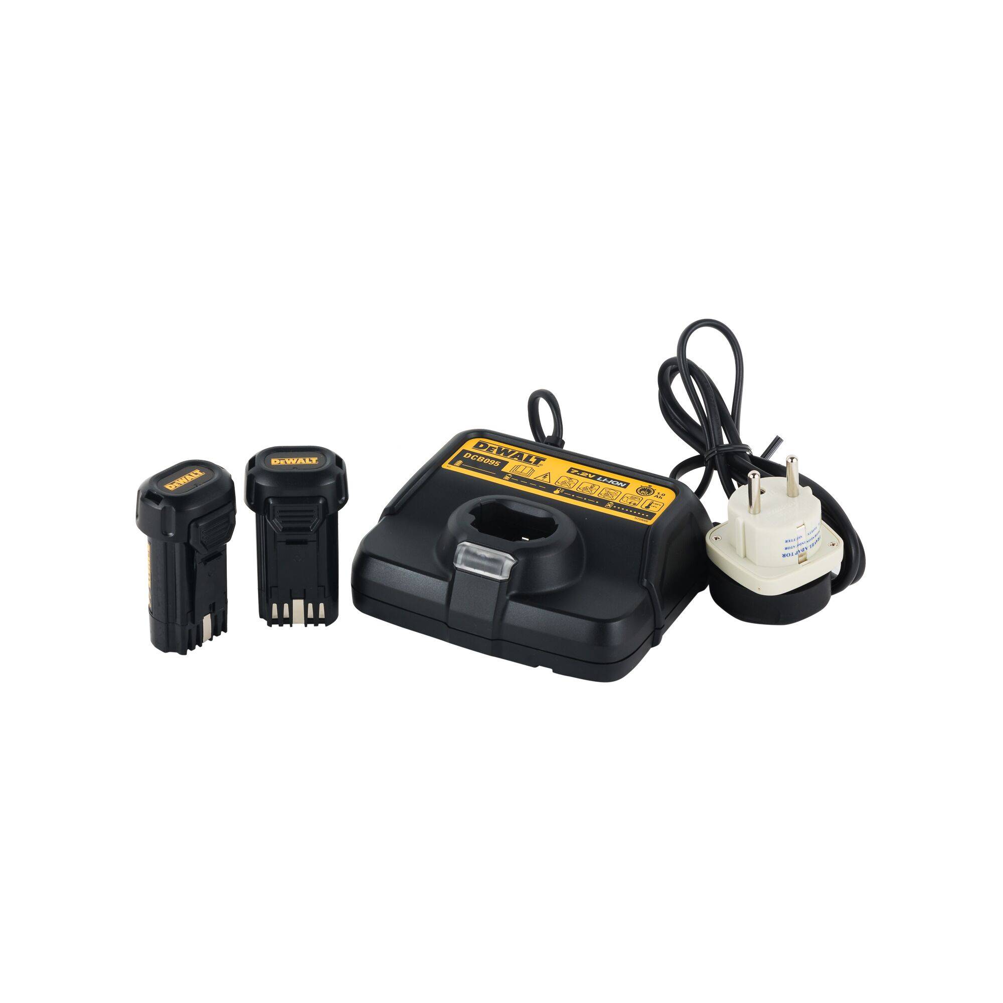 A battery charger set for power tools, comprising two battery units and a charger with power cable and plug.