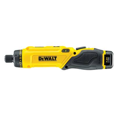 Cordless drill in yellow and black by DeWalt, positioned sideways, featuring 7.2V lithium-ion technology, displaying torque settings.