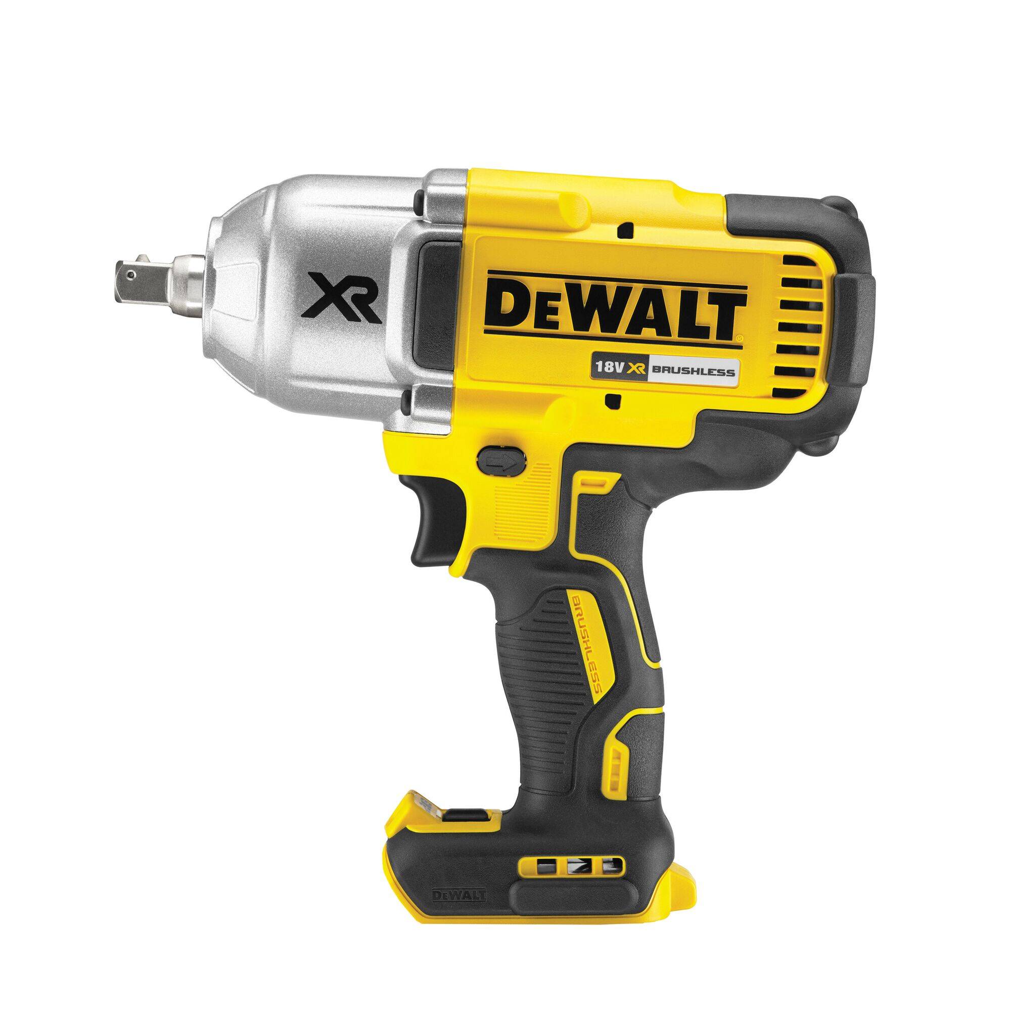 Cordless impact driver in yellow and black, 'DeWalt' brand name on the side. 18V, brushless, suitable for screwing and drilling work.