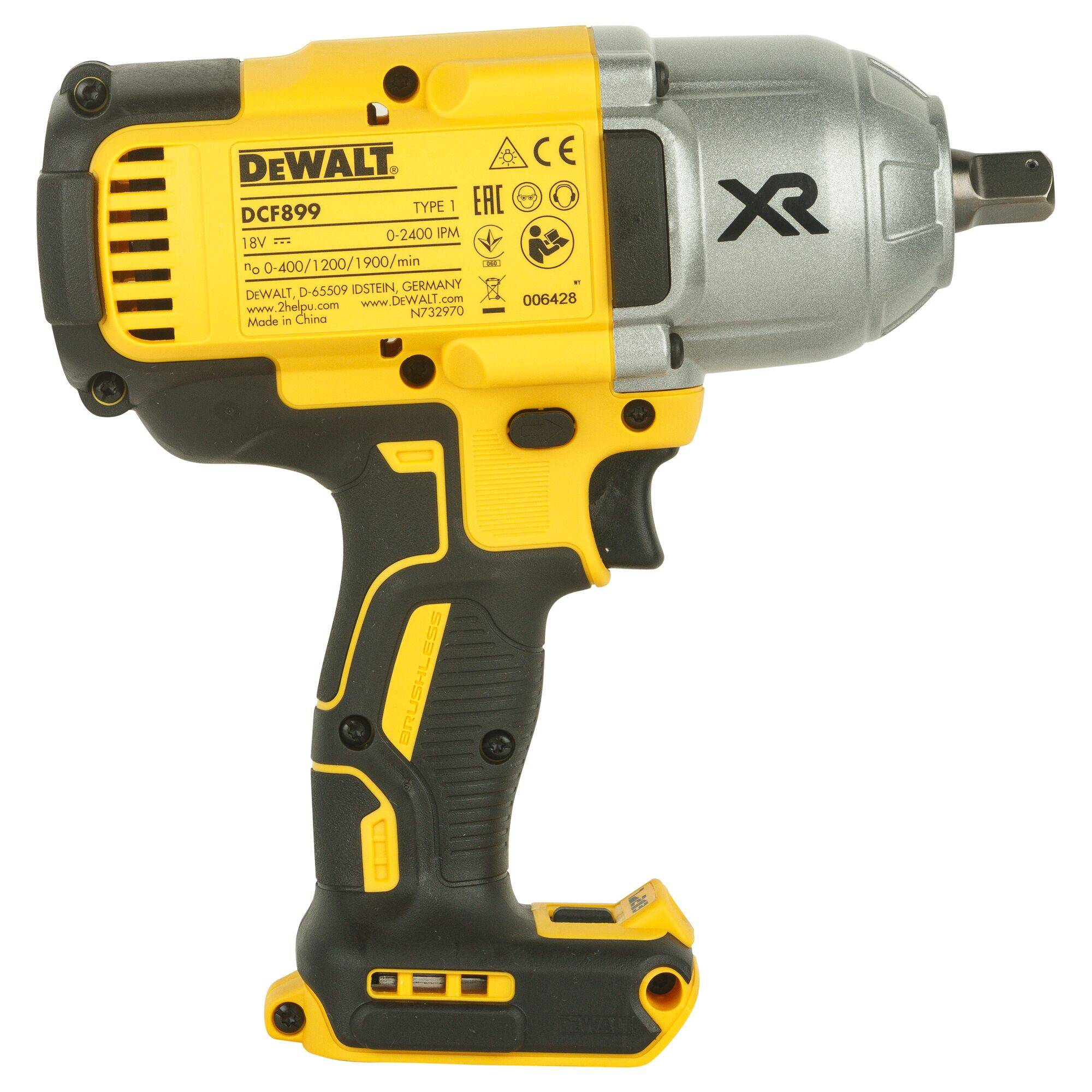 Portable yellow and black cordless impact driver with specifications printed on the casing. Brand name and model number clearly visible.