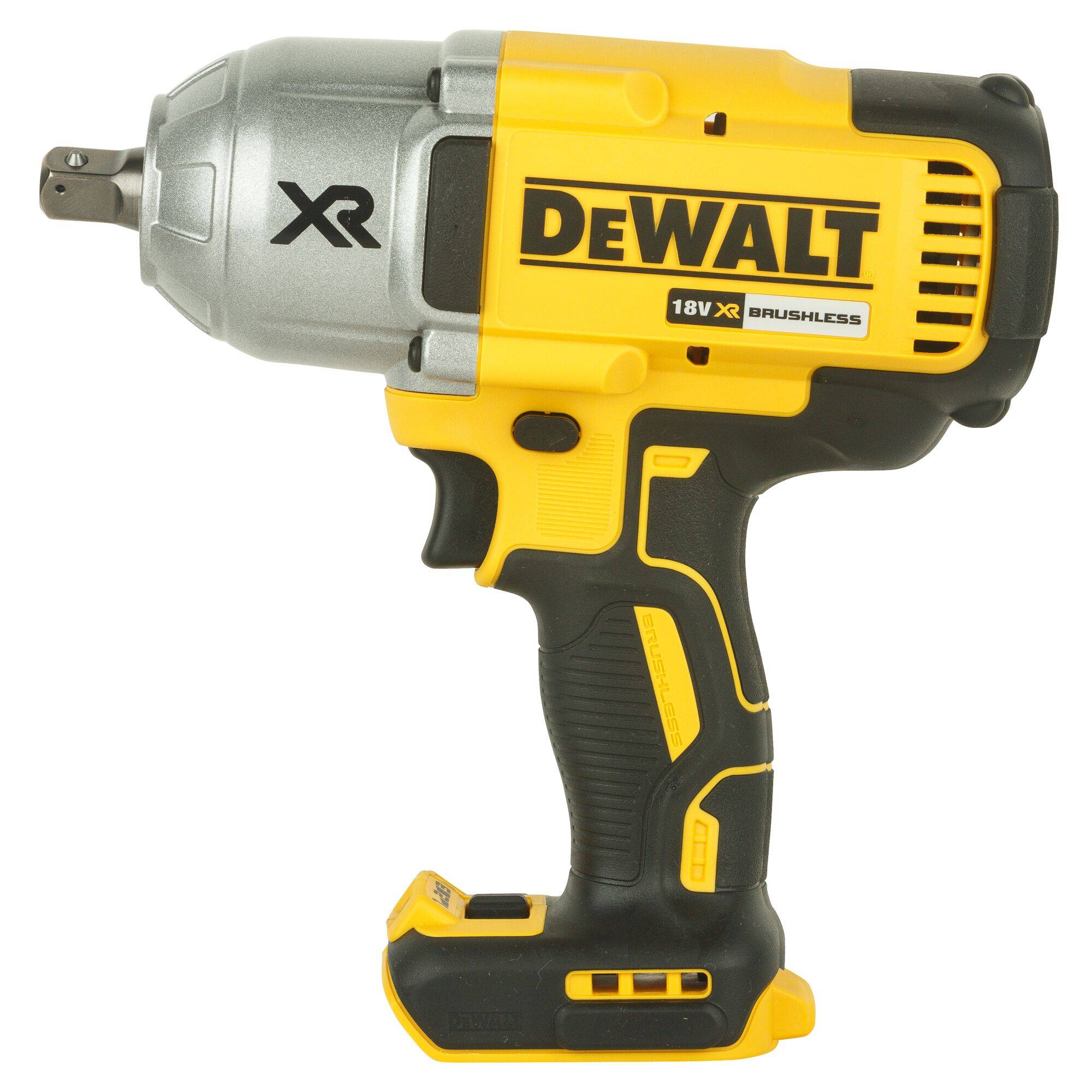 A yellow and black DeWalt battery impact driver with '18V XR Brushless' written on the side.