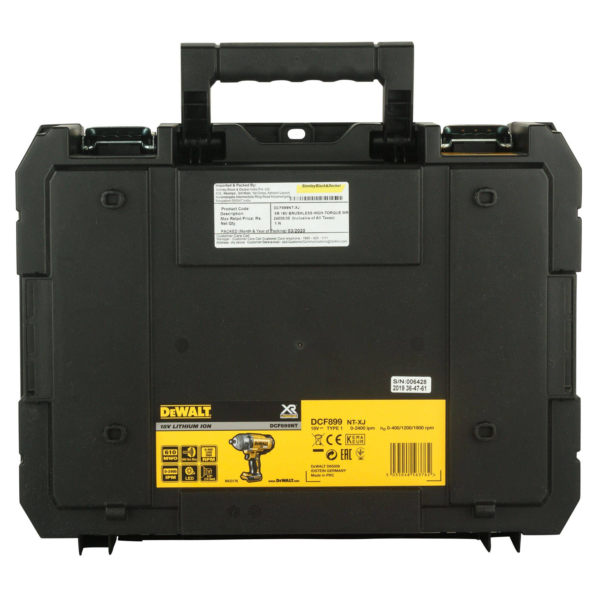 Black tool case by DeWalt with a yellow label displaying model numbers and safety certifications for a cordless drill.