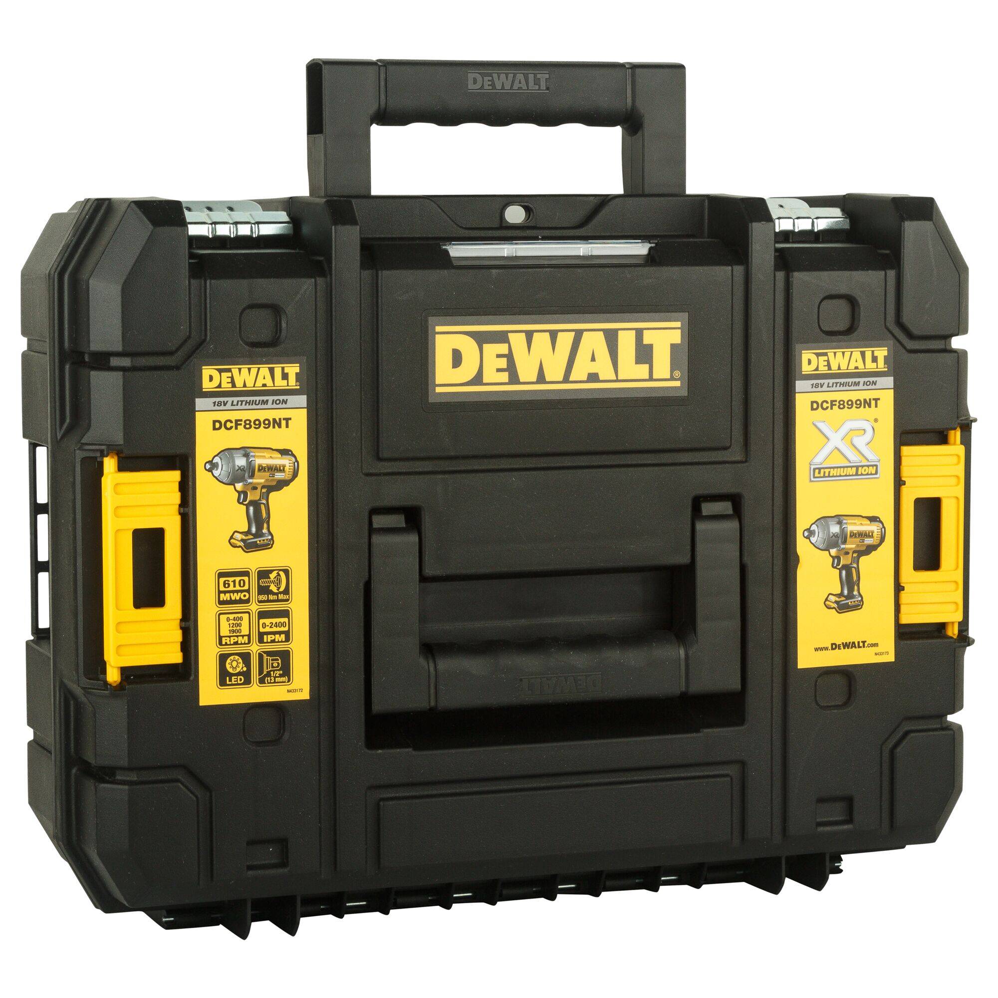 Black DeWalt tool case with yellow details, pictured cordless drill, and logos, suitable for secure tool storage.