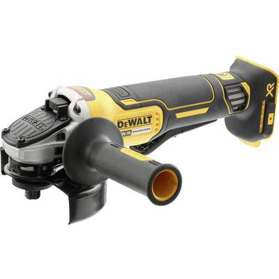 Cordless angle grinder with a yellow and black casing, side handle on the left. 'DeWALT' brand name and model designation visible.
