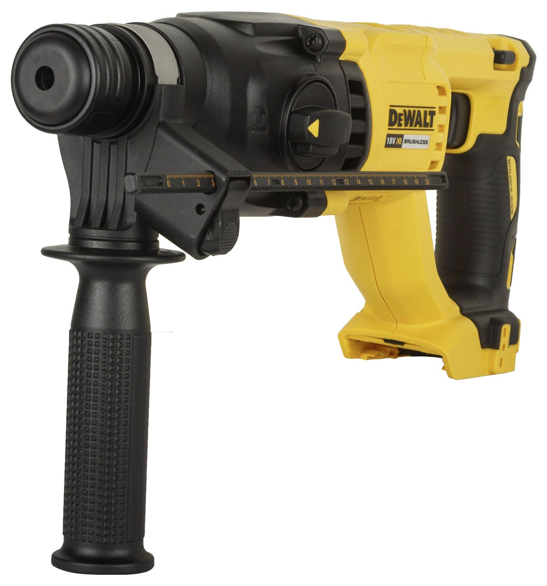 A yellow and black electric drill hammer with handle and adjustable depth stop, suitable for construction work and DIY projects.
