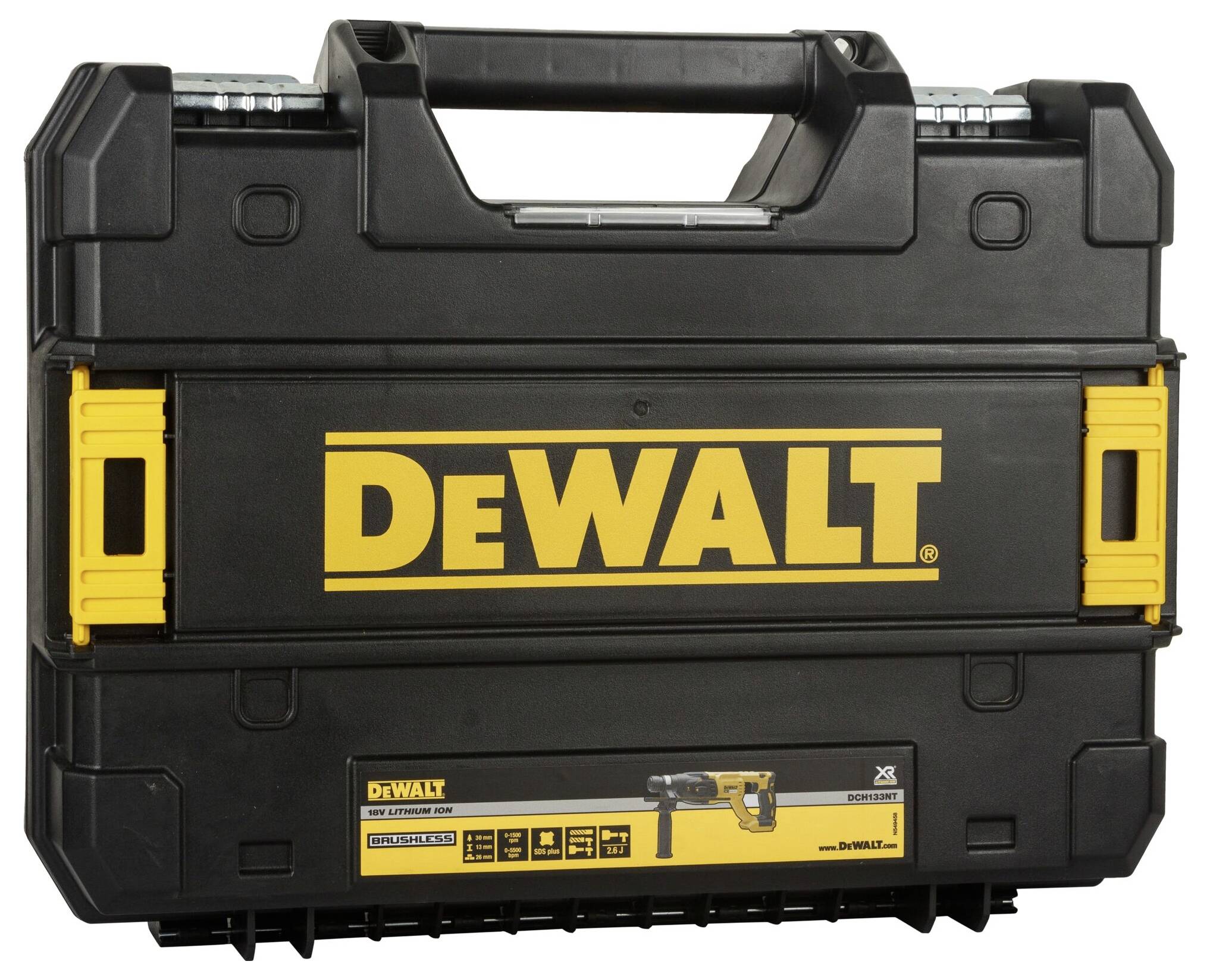 Black tool case with a yellow 'DeWalt' logo in the centre. Two yellow handles on the sides, sturdy and portable.