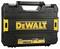 Black tool case with a yellow 'DeWalt' logo in the centre. Two yellow handles on the sides, sturdy and portable.