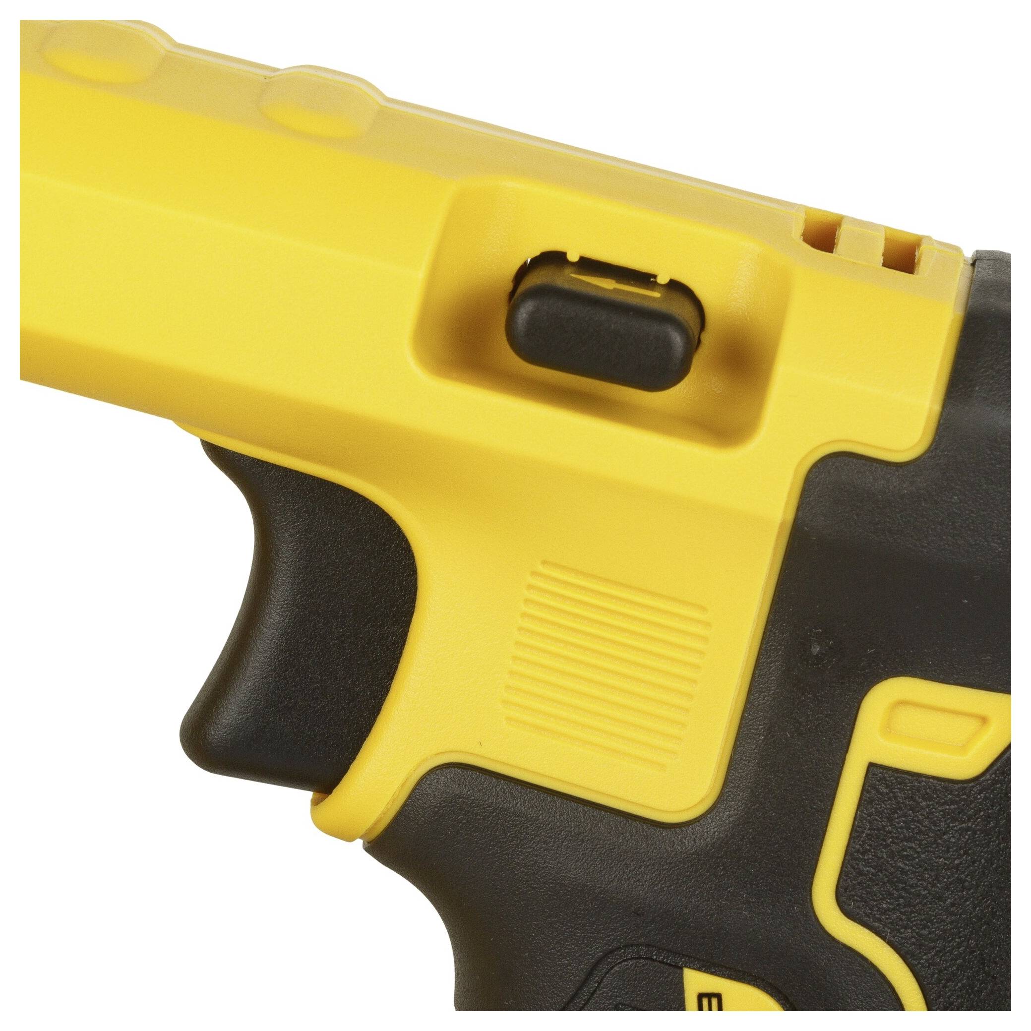 A yellow electric power tool with a black handle, likely a drill or similar device. Close-up of part of the tool.