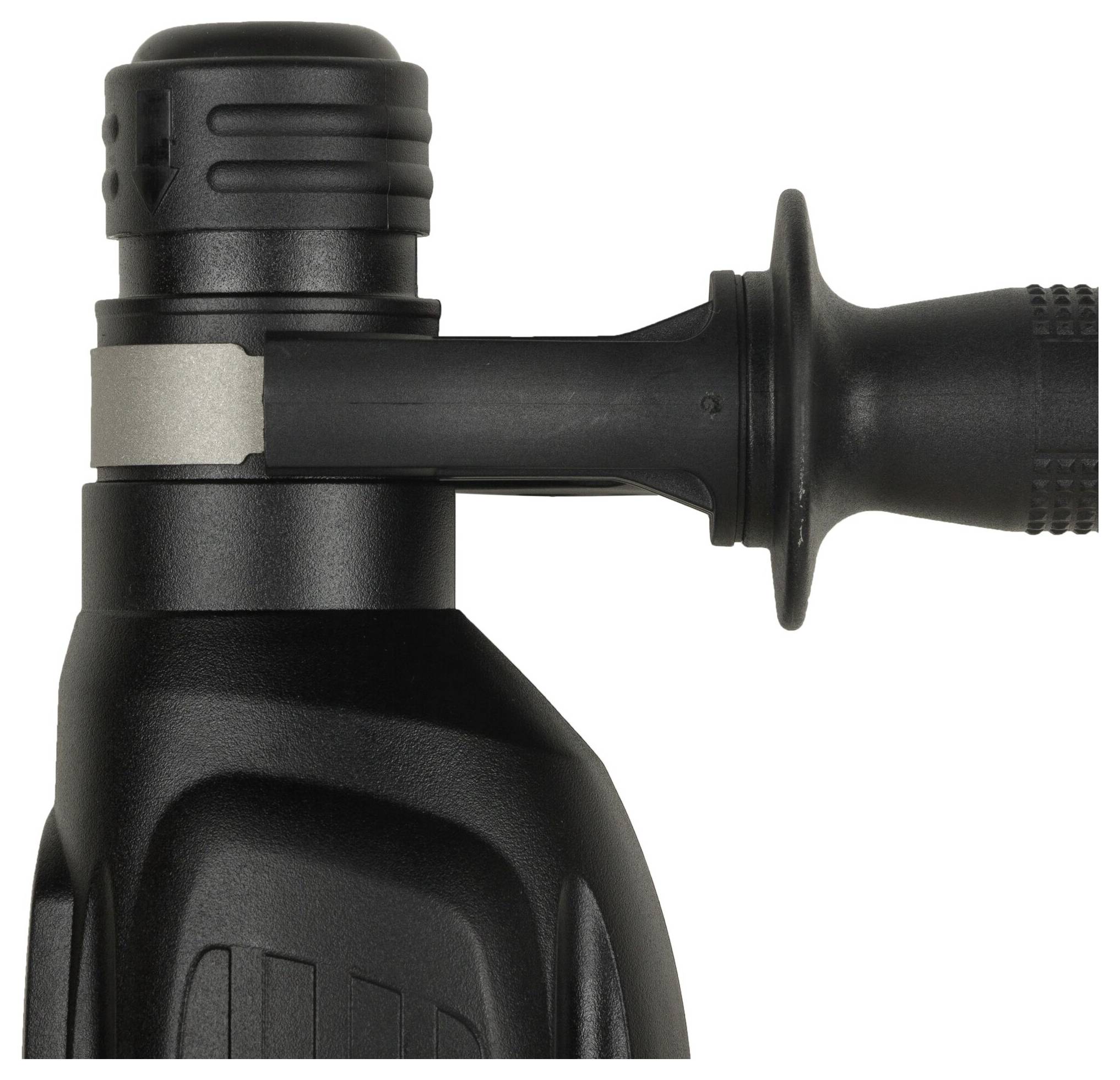 A black plastic connection piece with a screw closure and hose adapter, for industrial or technical applications.