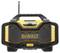 Black and yellow portable radio with an aerial and speakers, with the 'DeWalt' brand on the front.