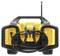 A yellow and black portable radio with an aerial and cable winding on the back, suitable for construction sites.