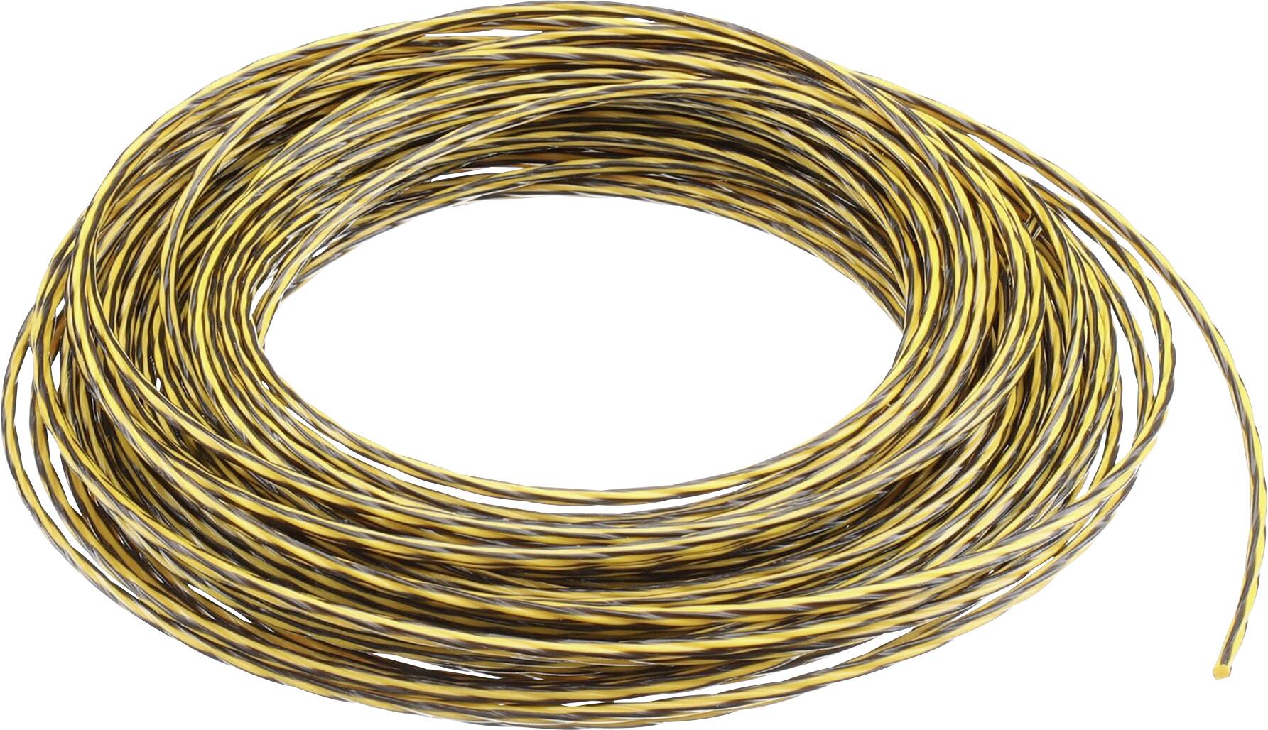A reel of thin, yellow and black wire, tightly wound. Suitable for electrical applications or craft purposes.
