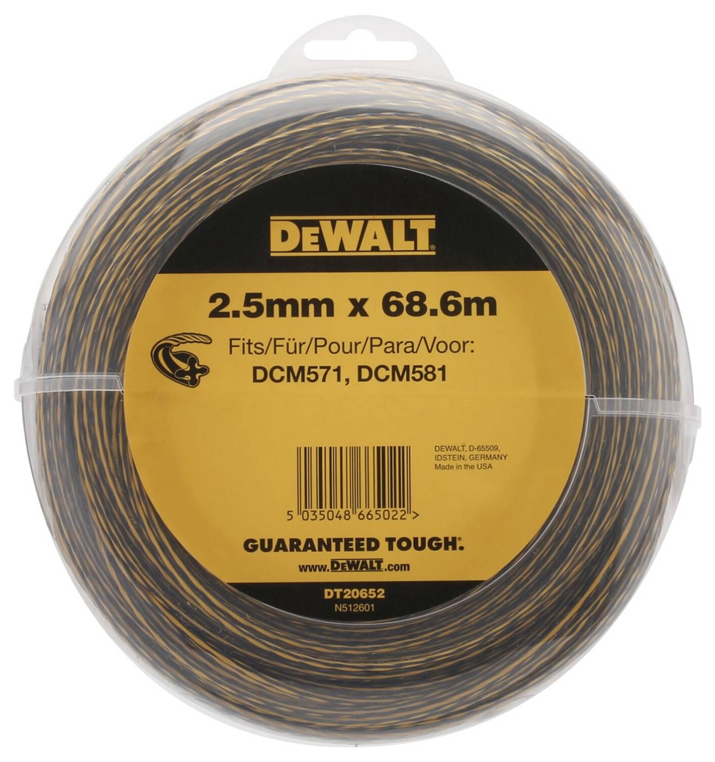 In the image is a package containing a DeWalt trimmer line that is 68.6 m long and 2.5 mm thick. It is compatible with models DCM571 and DCM581.