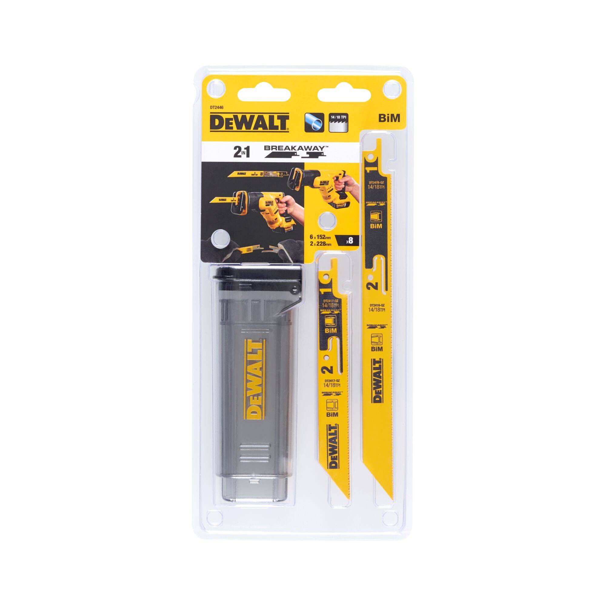 Packaging of a DeWalt 2-in-1 Breakaway saw blade with three blades. Suitable for bi-metal sawing applications.