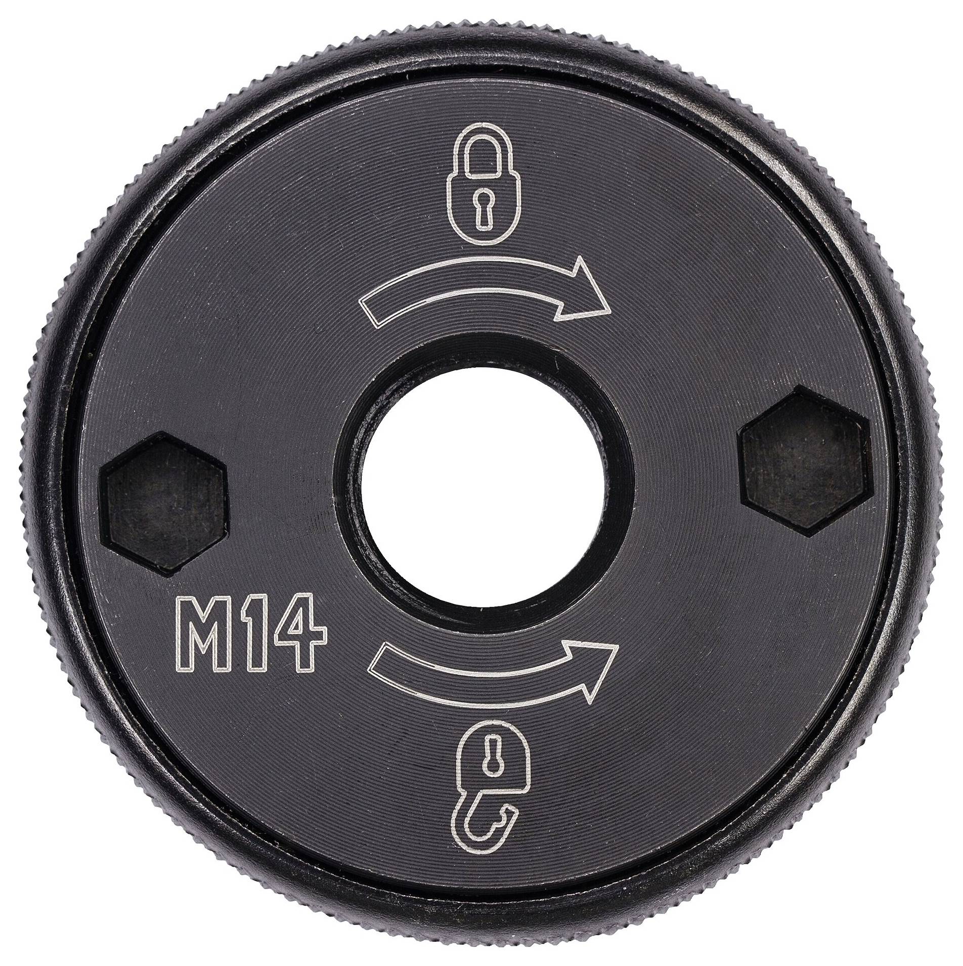 Circular disc with a central hole, two arrows and lock symbols representing locking and unlocking. Marked with 'M14'.