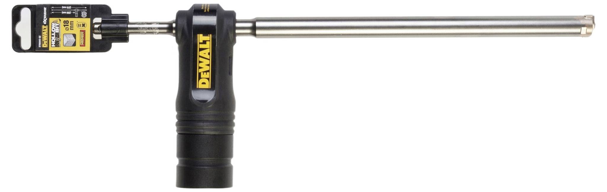 A long, black DeWalt tool with a yellow logo, handle, and robust metal rod, most likely a drilling accessory.