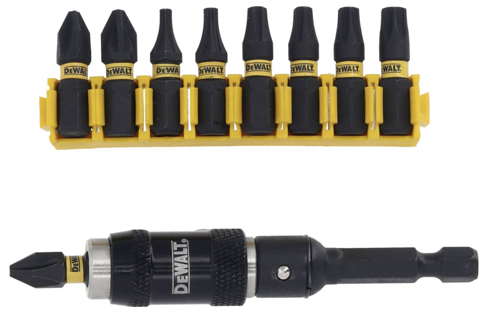 A set of black DEWALT screwdriver bits in a yellow holder and a DEWALT bit holder extension are shown.