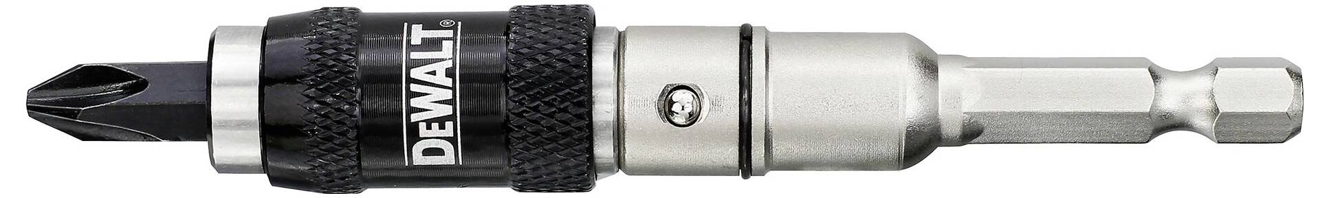Black and silver DeWalt bit holder with magnetic tip, suitable for screw work.