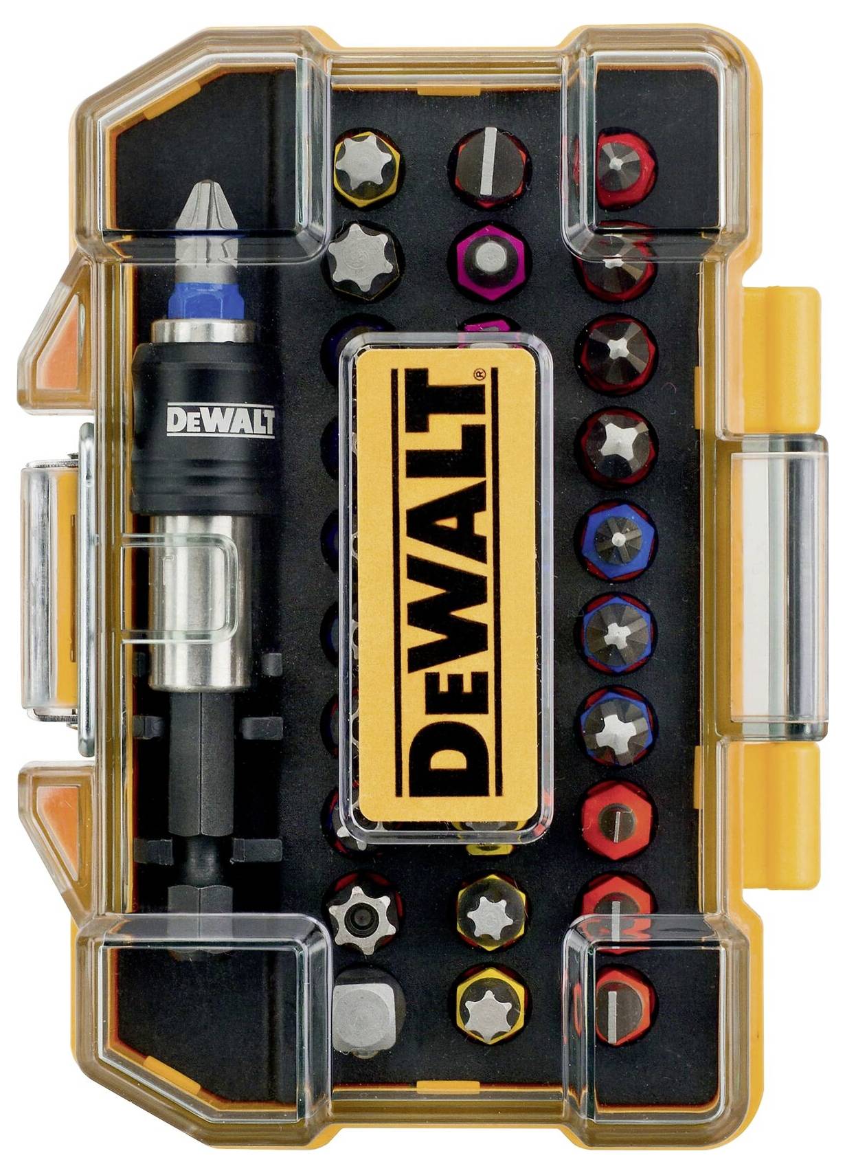 'Dewalt bit set in a yellow plastic box with a transparent lid, containing various screwdriver bits and a bit holder.'