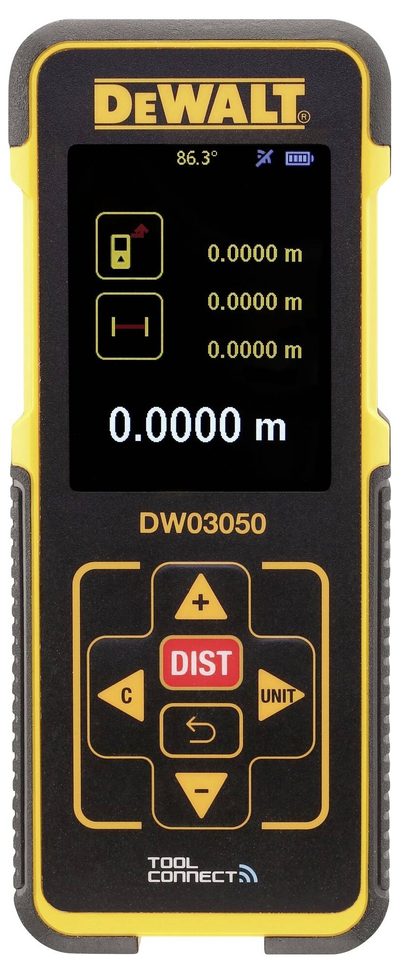 'DEWALT' Laser Distance Meter with display showing placeholder values in metres. Buttons for distance, unit change, navigation.