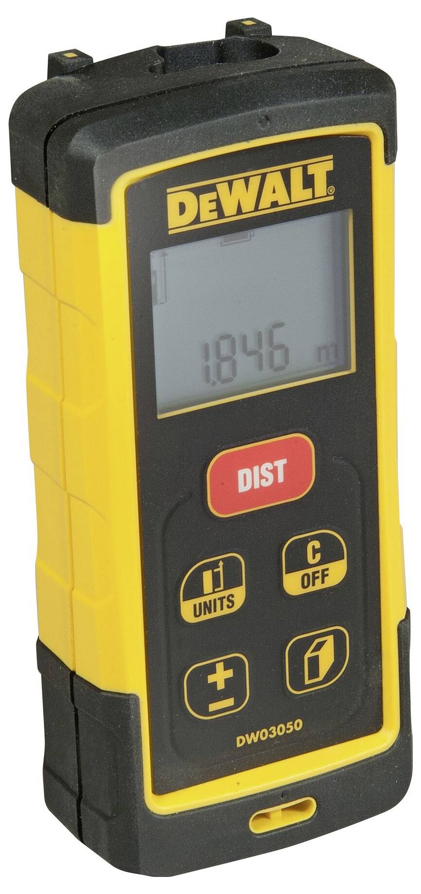 A yellow DeWalt laser distance measure with a display showing '1.846 m'. The device has several operational buttons.