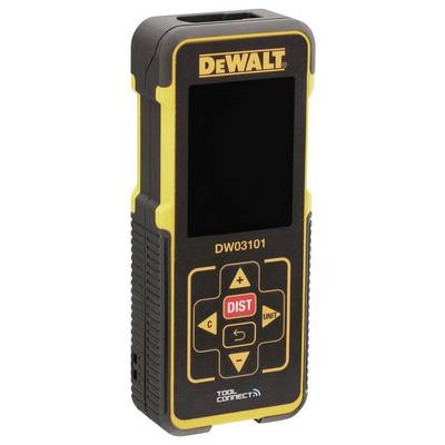 Electronic distance measuring device by DeWalt with yellow and black casing and digital display for precise distance measurement.