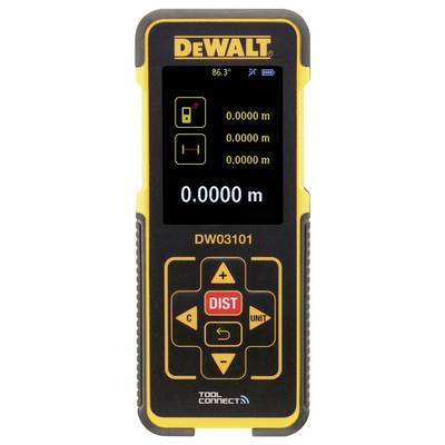 Digital distance measure in Yellow and Black by DEWALT, Model DW03101, displays measurements in metres on the screen.