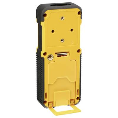 A yellow, portable device with a black border, likely an electronic measuring instrument or tool, with a battery compartment on the back.