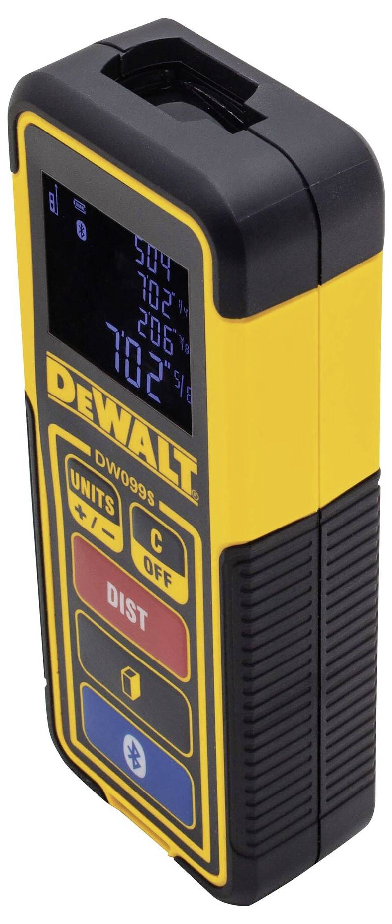 Digital handheld measuring device in yellow and black, with display and button indicators for measurement units and Bluetooth symbol.