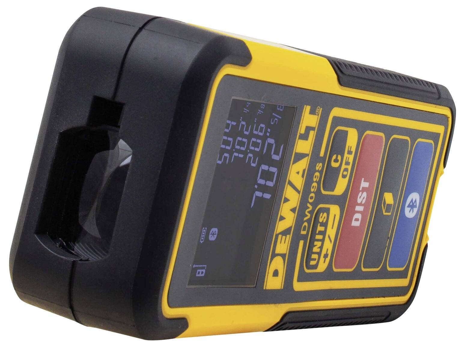A yellow and black laser distance measuring device with digital displays and control buttons is shown from the side.