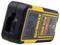 A yellow and black laser distance measuring device with digital displays and control buttons is shown from the side.