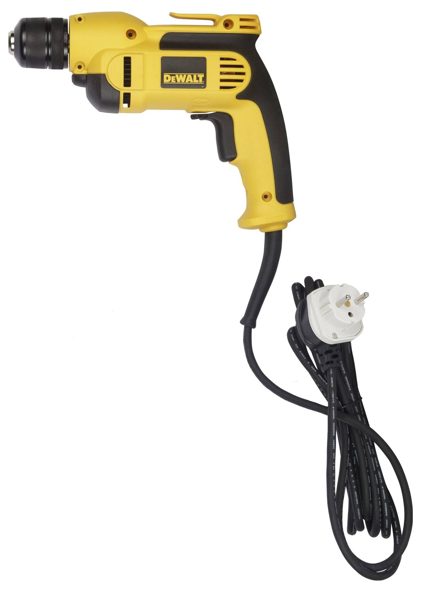 Yellow electric drill with cable and European plug, lying on a white background.