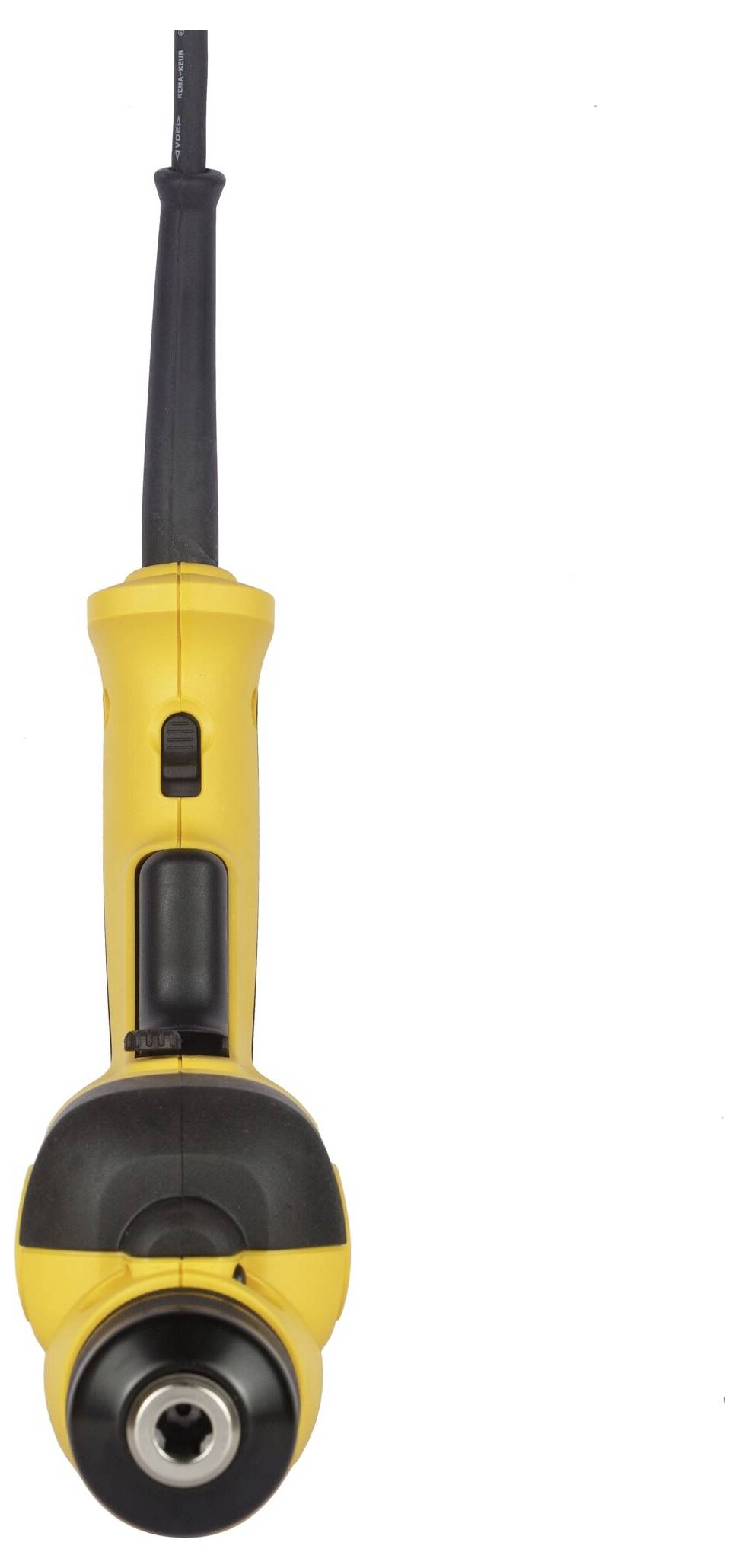 A yellow electric angle driver with a black handle and drill attachment.