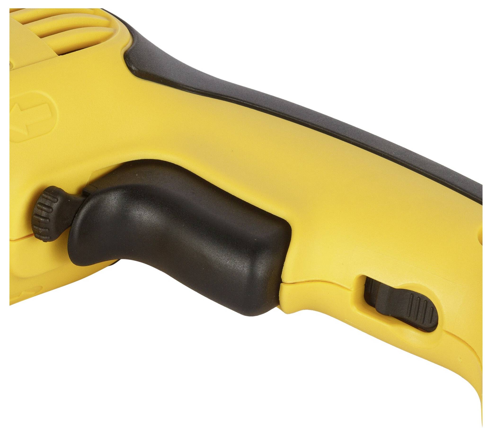 Yellow handle of an electric tool with a black lever and switch. Primarily designed for ergonomic operation.