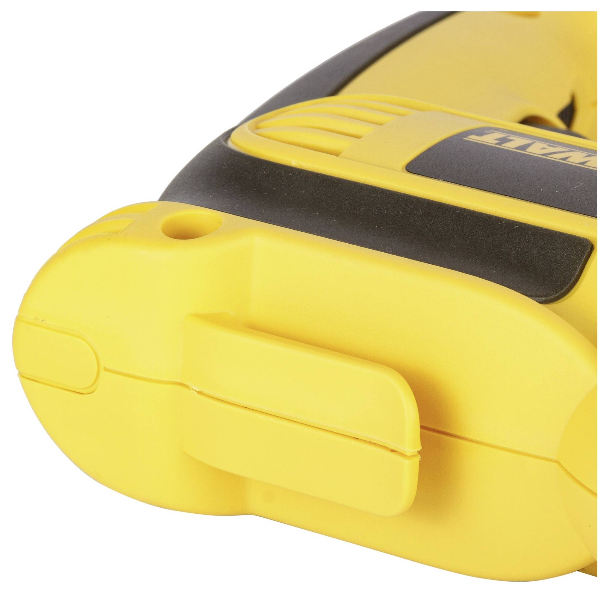 Yellow plastic battery pack with distinctive handle. Partially visible are brand markings and black details.