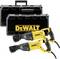 Two yellow electric reciprocating saws by DeWalt, with black handles, in front of two black cases with the DeWalt logo.